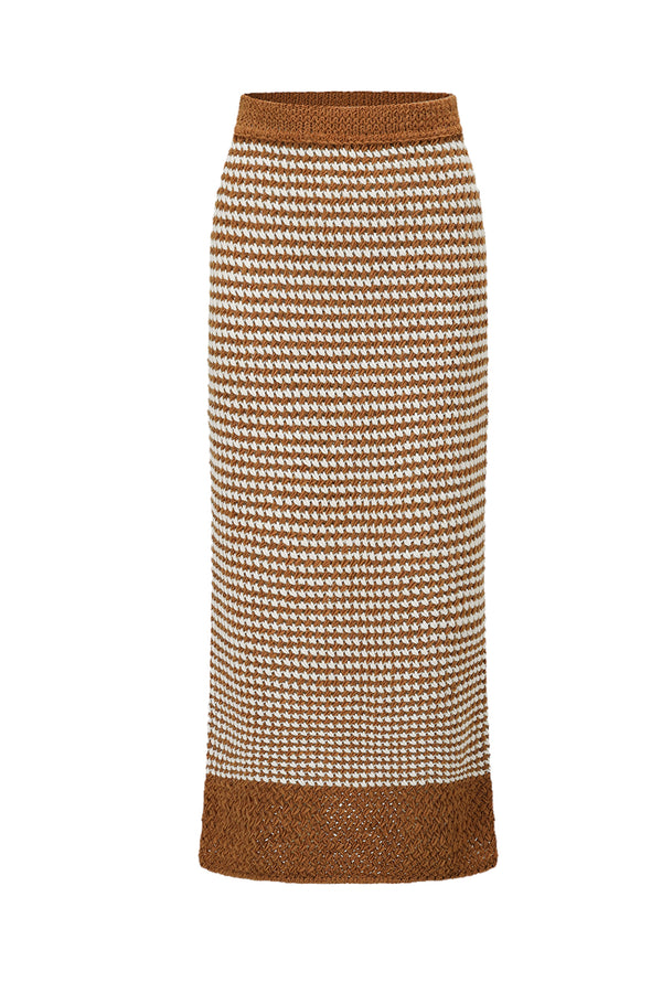 SWAYING 25 Fall/Winter Collection: Thick-stripe straight-cut midi skirt SW-SW25AW3B10C1S2-LZ (Chestnut Brown)